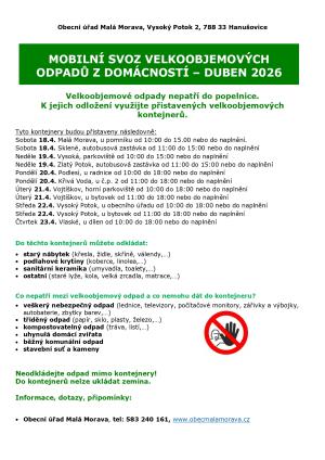 Svoz - velkoobjemové odpady - duben 2026
